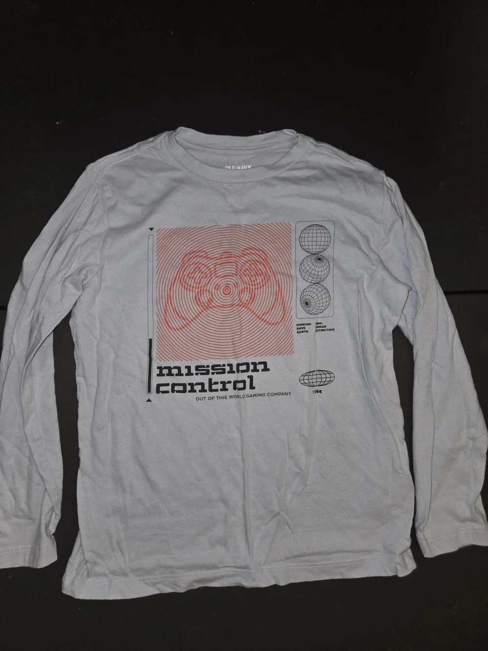 Old Navy Light Gray Mission Control Graphic Long Sleeve Tee with Red Print